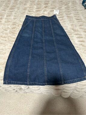 Zara Dark Blue Denim A-Line Midi Skirt